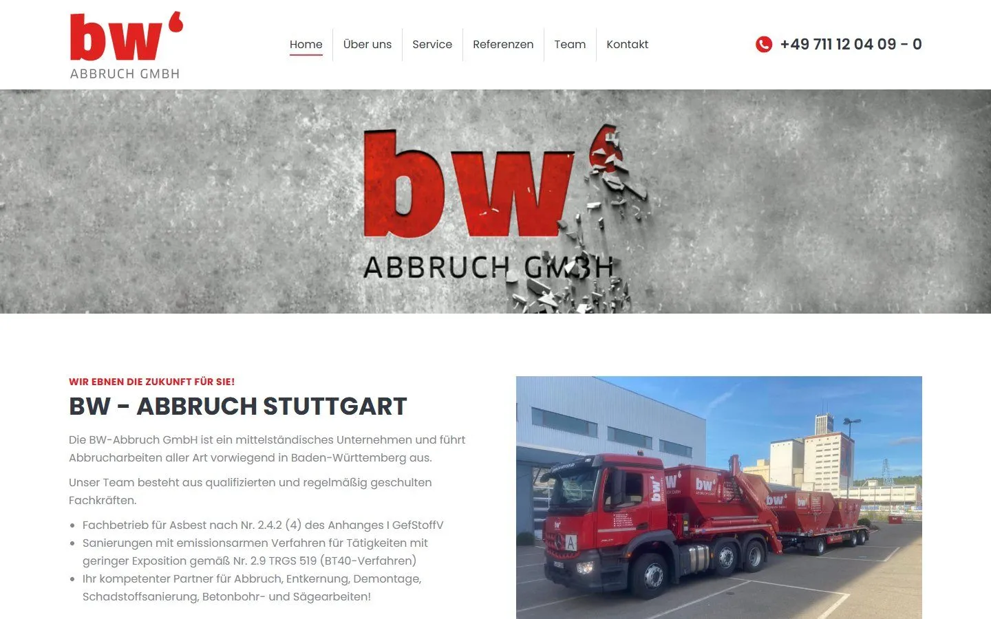 Startseite der Website von BW Abbruch GmbH